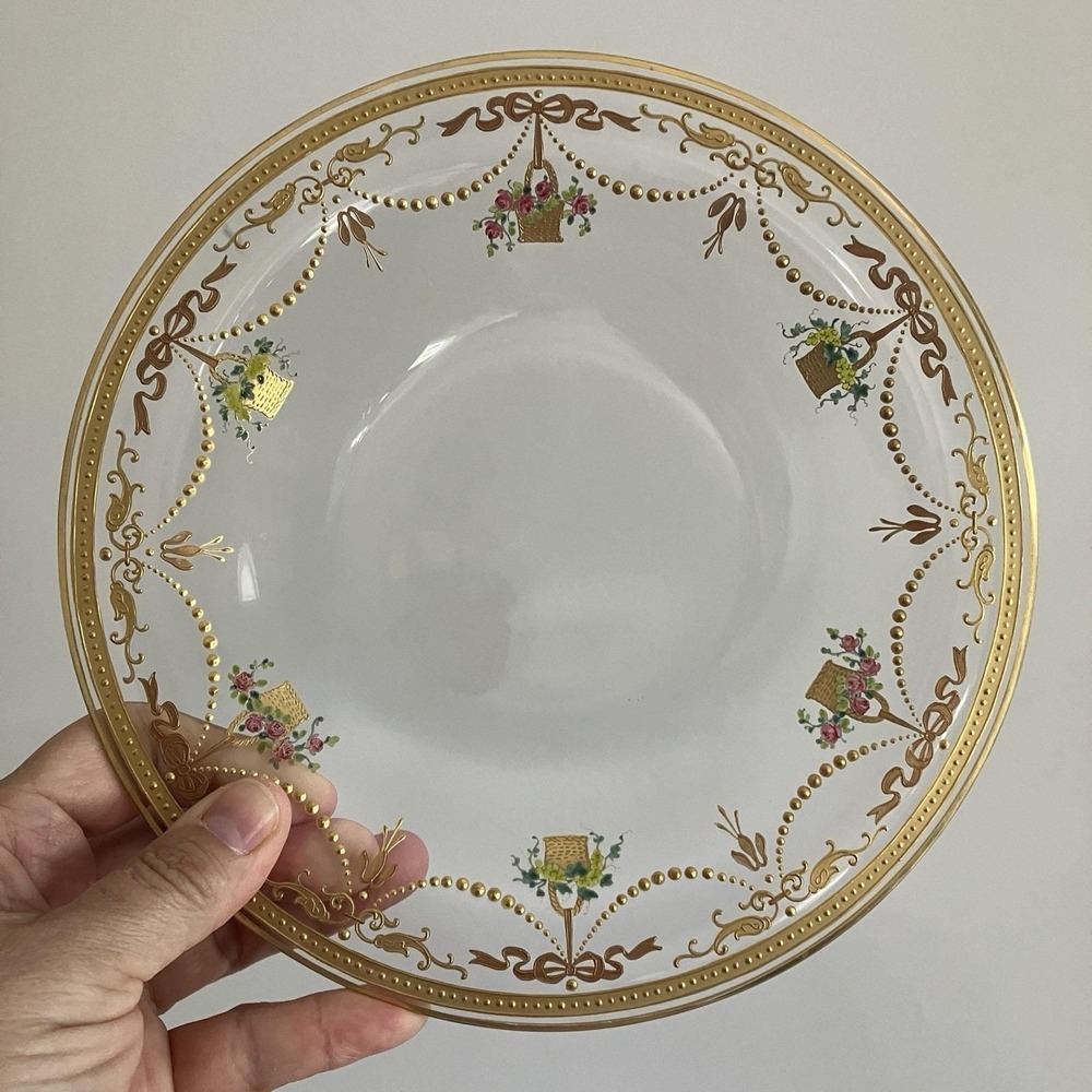 Set of 3 Antique 8" Clear Glass Plates or Shallow Bowls Painted Gold Flowers